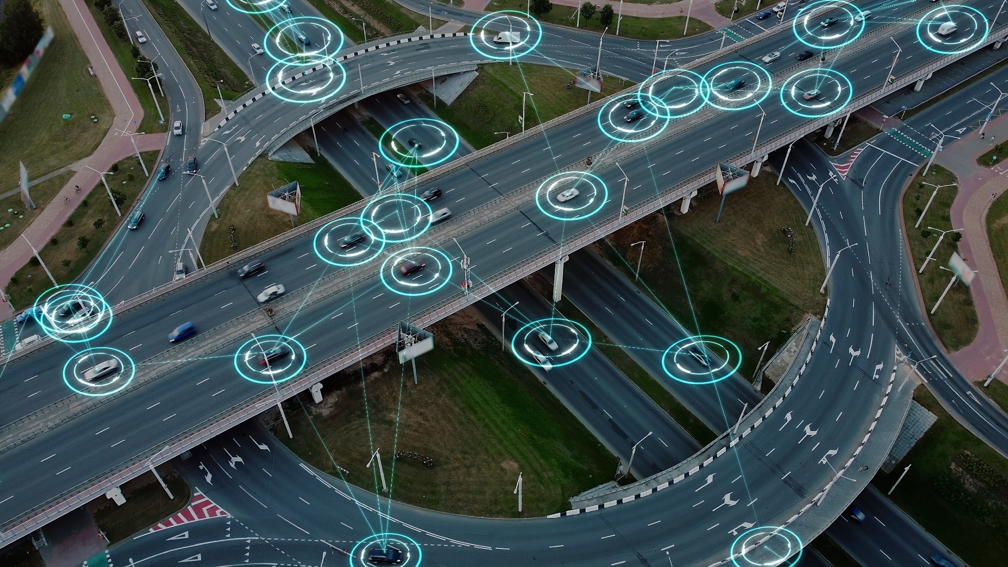 A motorway full of cars using quantum computing for navigation