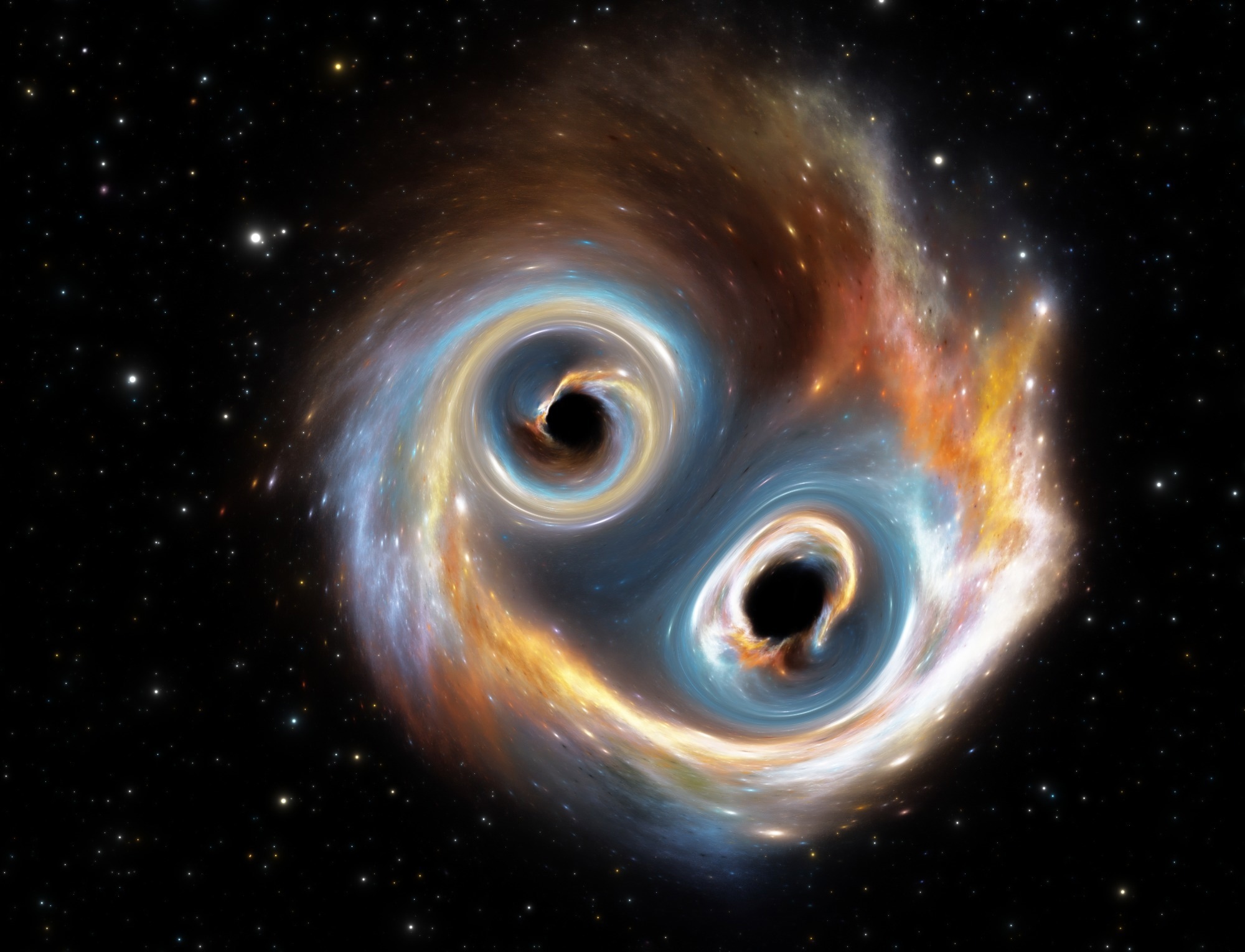 An illustration depicting a black hole merger