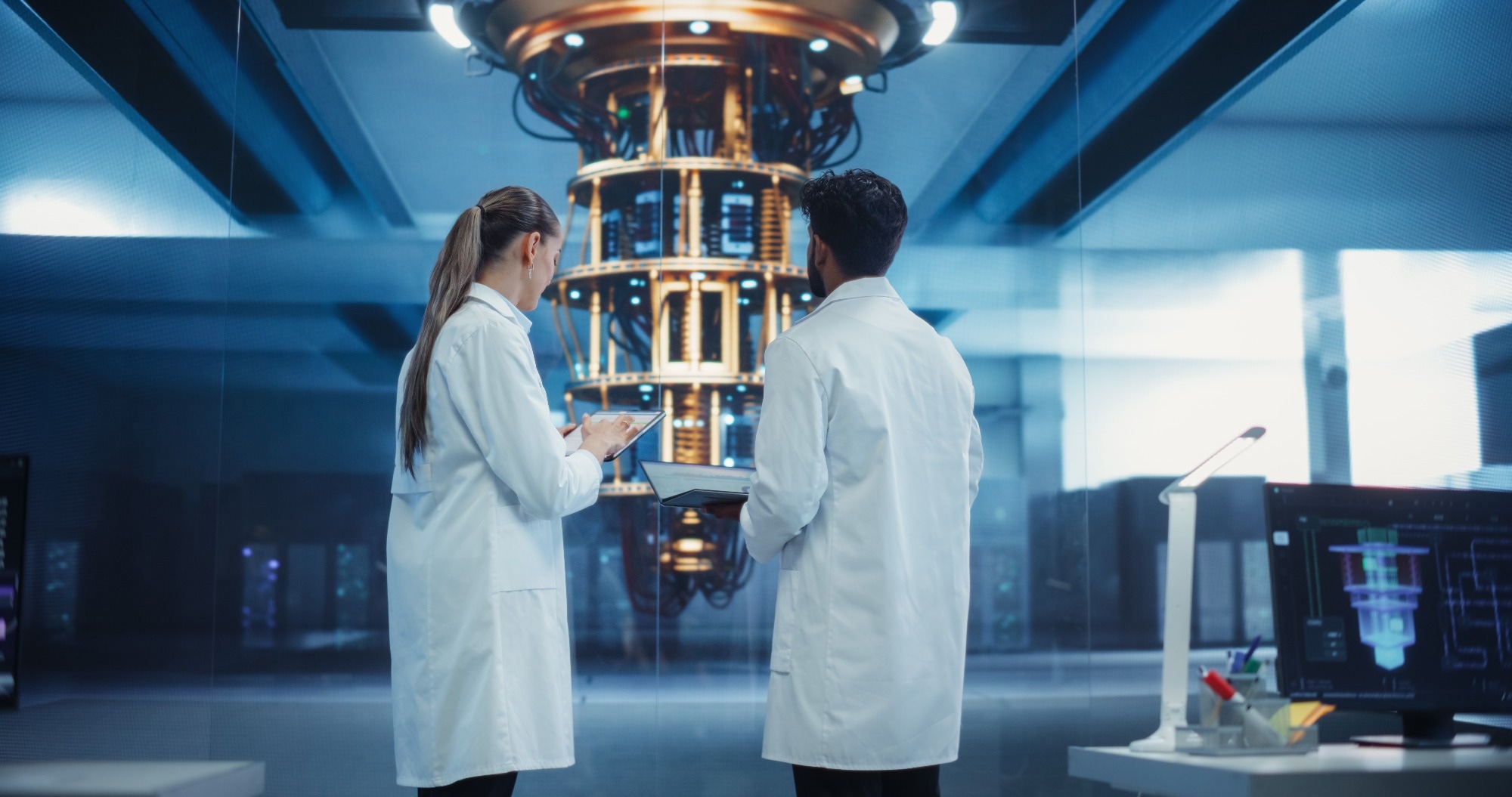 Two scientists supervising a quantum computer