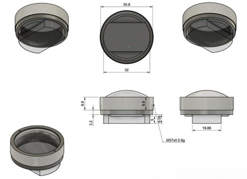 2D drawing of the lens with reduced focal length designed and produced by Avantier.
