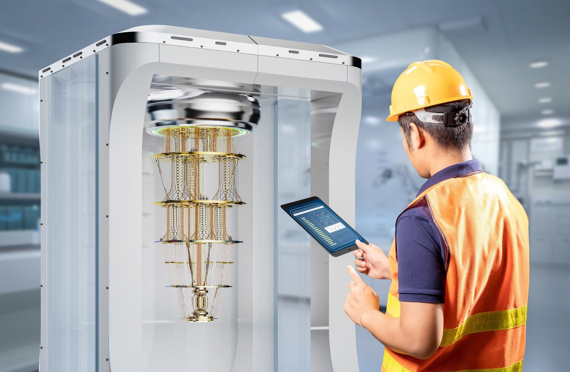 A picture of an engineer working on a quantum computer