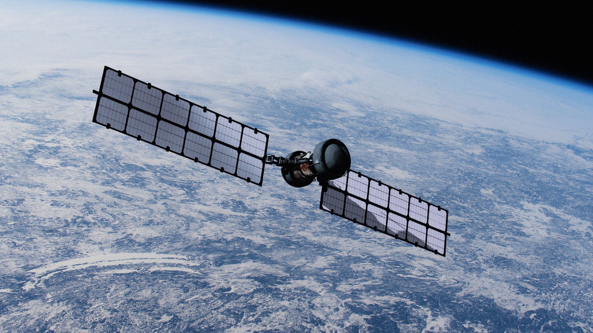 A render of a satellite orbiting the Earth