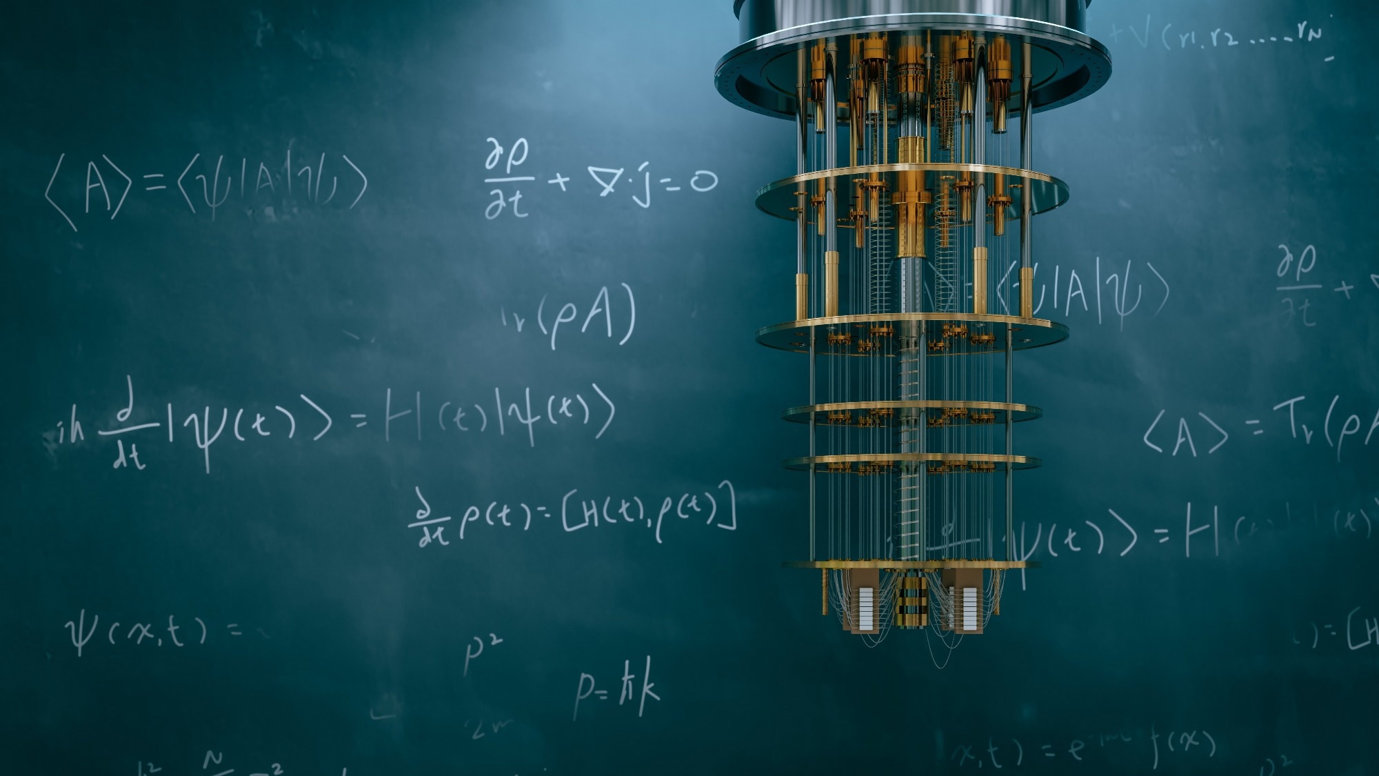 A redner of a quantum computer in front of a blackboard