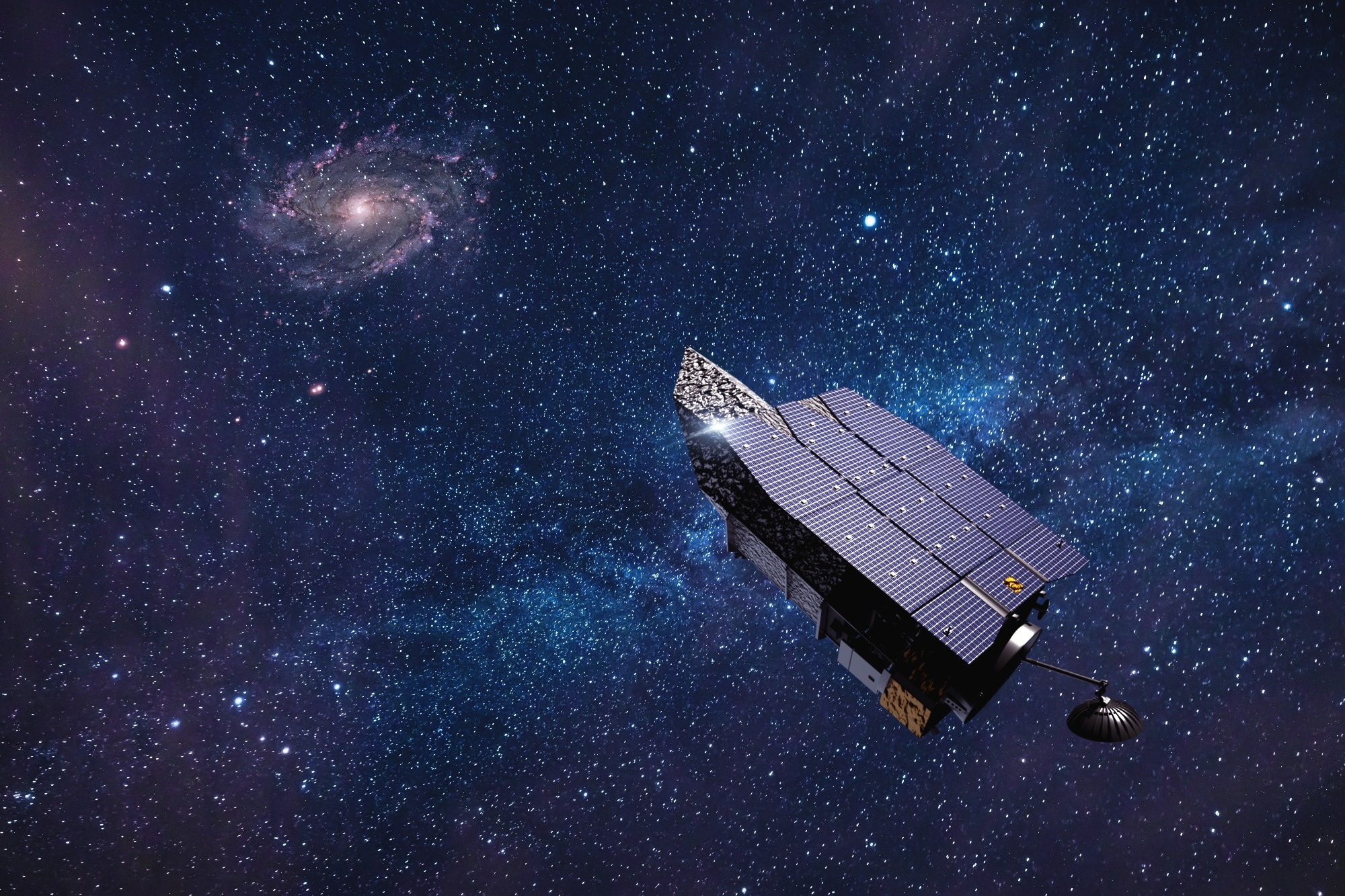 A 3D render of the Nancy Grace Roman Space Telescope