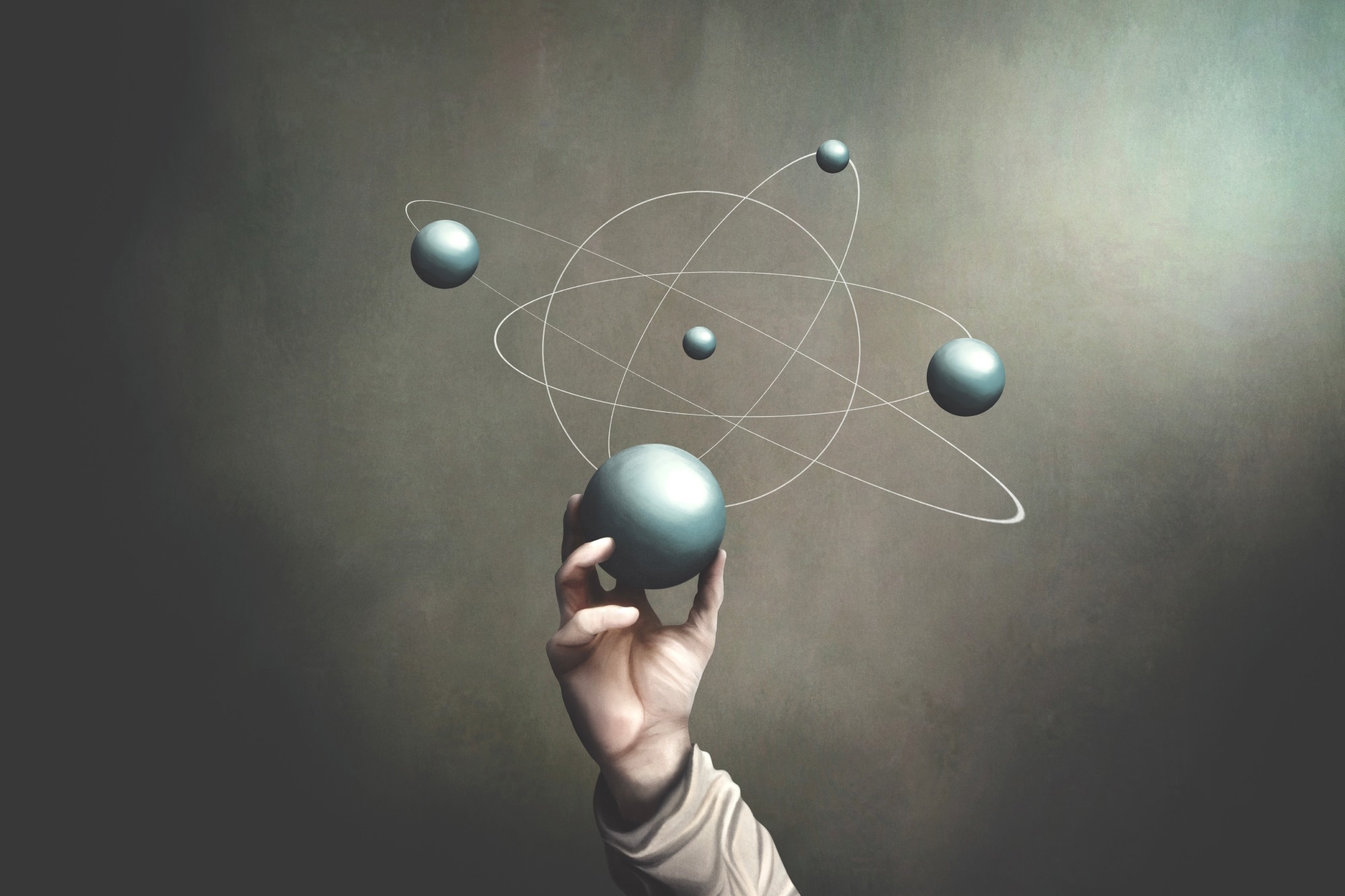 A surrealist illustration of a hand holding a physical model