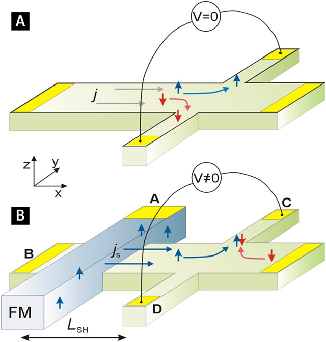 a). Spin Hall effect.  Spin accumulation is induced at the edges of the sample due to spin-orbit interaction when a pure charge current j is applied. The transverse voltage is zero as no charge imbalance is induced. b) Spin-current induced Hall effect or reciprocal spin Hall effect. A pure spin current js is injected. Due to spin-orbit interaction a transverse charge current, and an associated voltage, is induced.