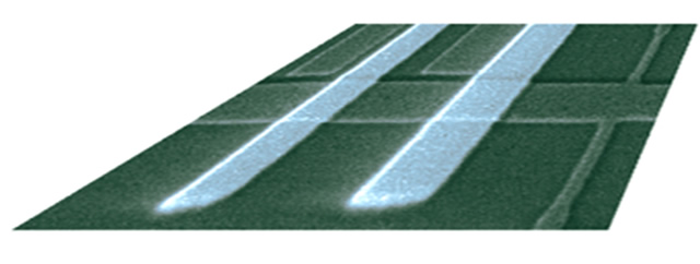 Scanning electron microscope  image of a sample showing the Hall cross  (right end) and spin injector in Fig. 1 b (wide light strip). The ferromagnet on the left (narrow light strip) is used as a reference to study spin injection and spin transport properties