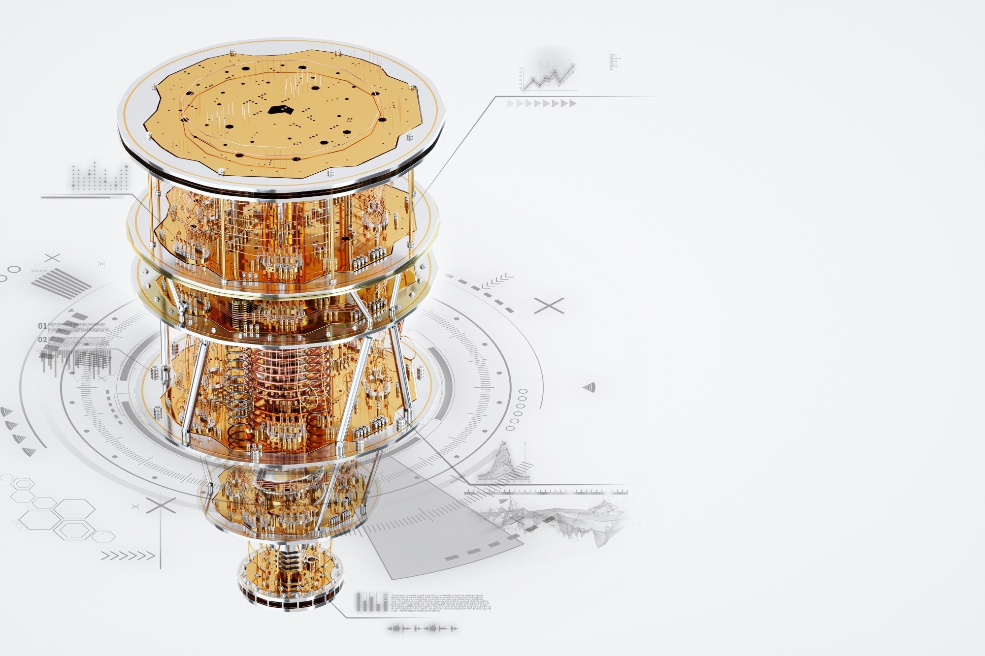 Quantum computer, gold silver mechanism isolated on white background.