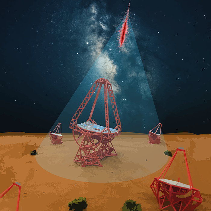 Visualization of the H.E.S.S. telescope array capturing the showers of particles produced by high-energy cosmic electrons and positrons, as well as gamma rays.