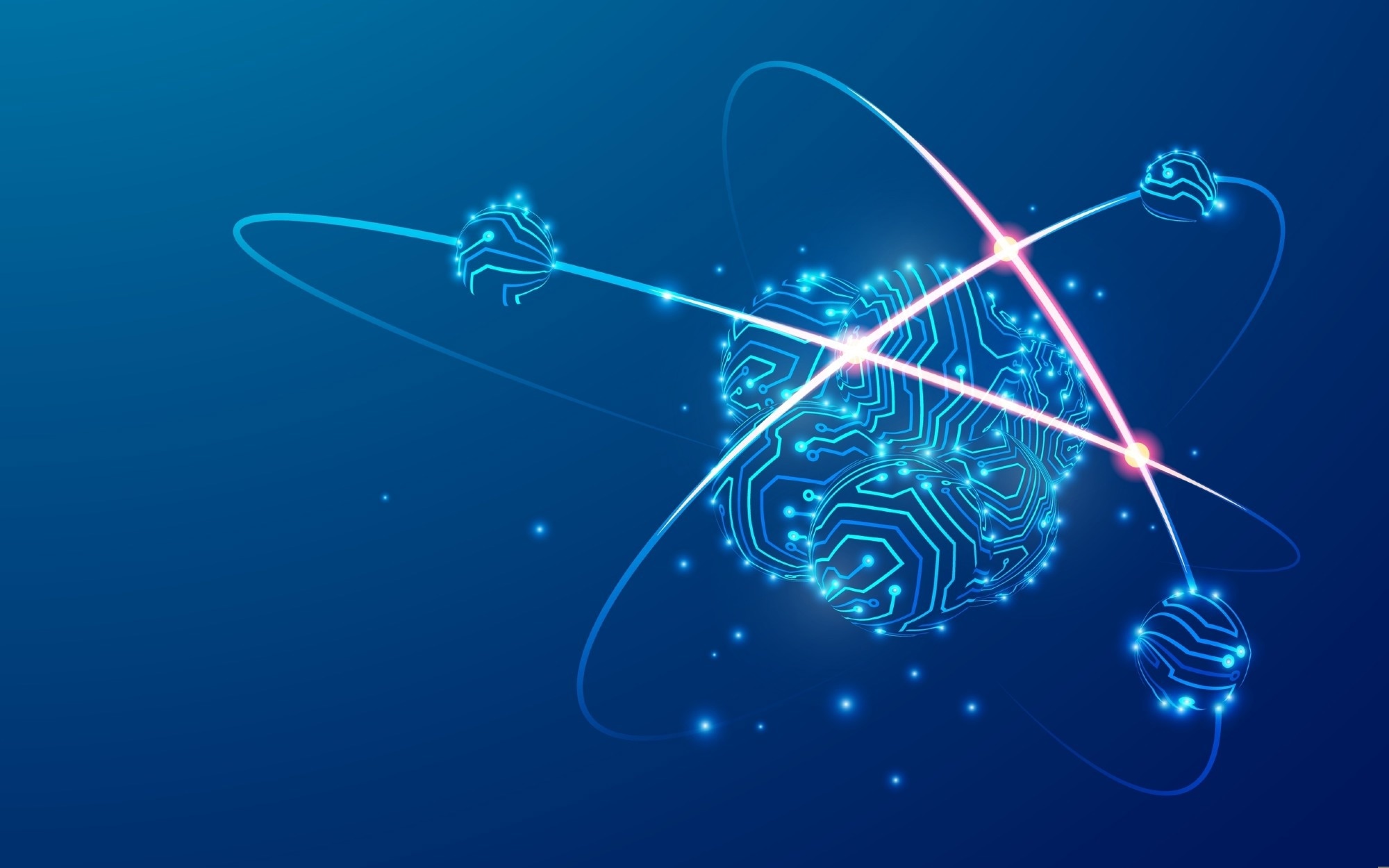 Graphic of atom structure combined with electronic pattern.