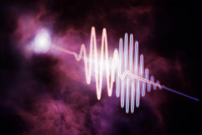 An artist’s conception depicts a bright pulse of radio waves