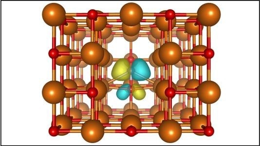 Magnesium atoms (orange) and oxygen atoms (red) surround the nitrogen-vacancy center in magnesium oxide