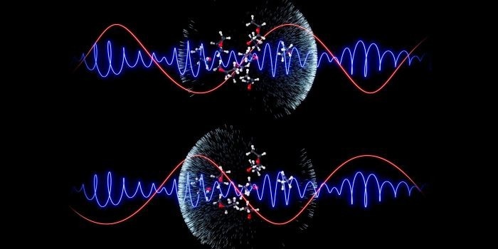 A representation of attosecond pulses (blue) and infrared pulses (red)