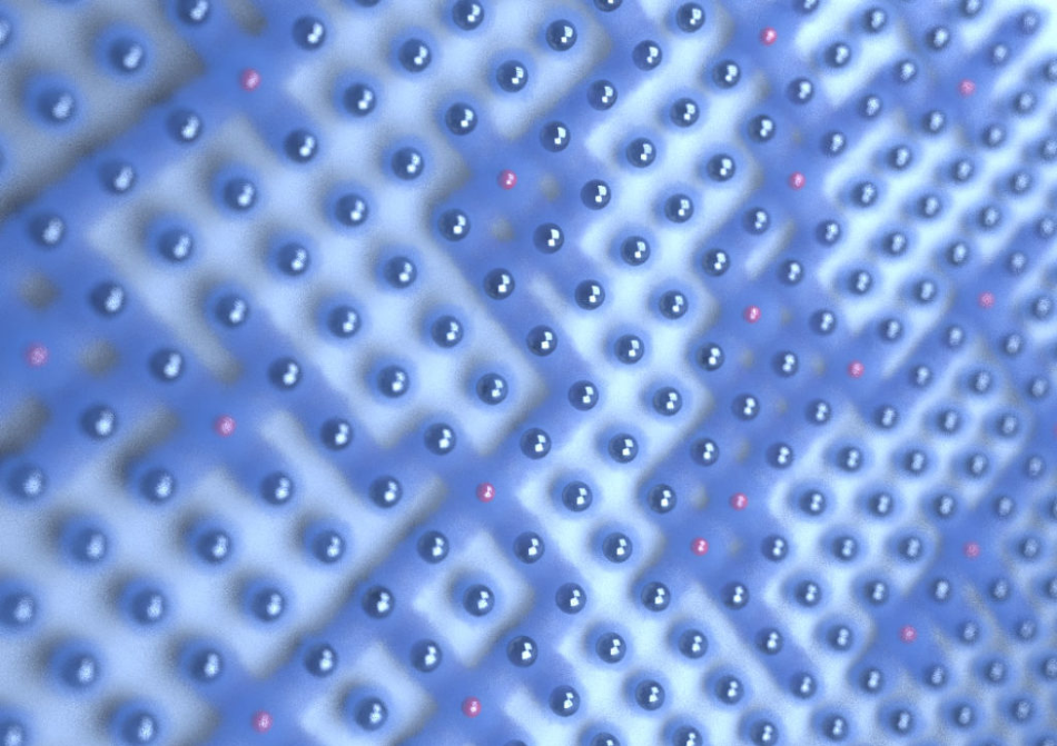 Artist’s impression of the dissolving of the electronic “traffic jam.” The red atoms are different in their quantum nature and allow the transport of electrons in their surroundings