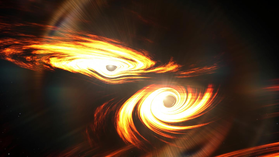 Artist’s impression of binary black holes about to collide.