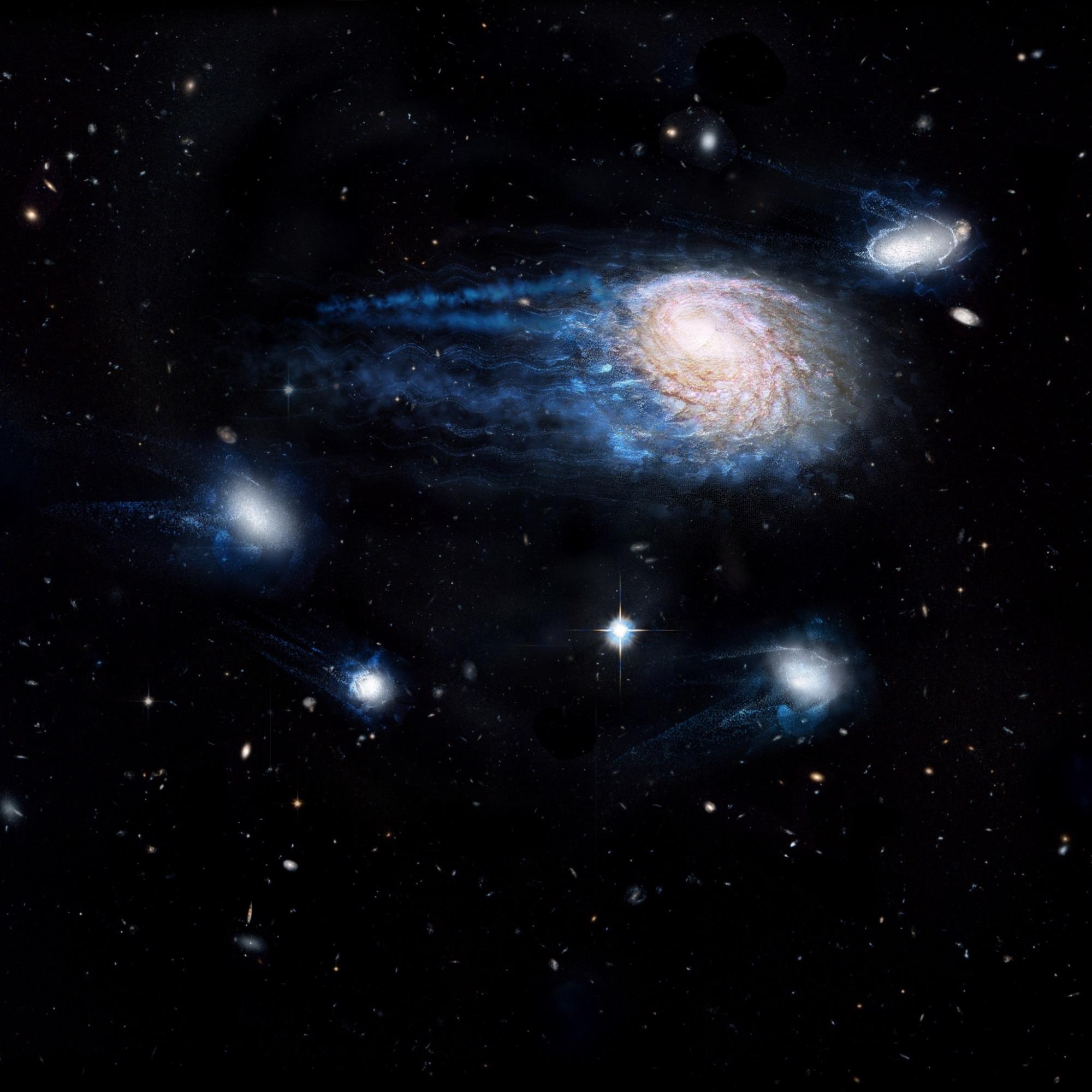 An artist’s impression showing the increasing effect of ram-pressure stripping in removing gas from galaxies, sending them to an early death.