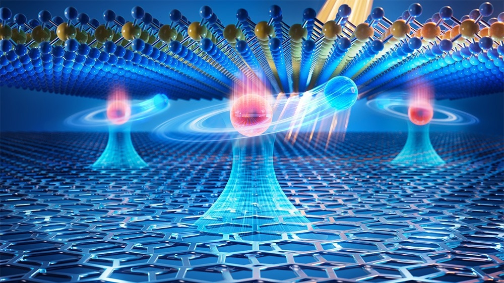 A cartoon showing the Rydberg moiré excitons in the WSe2/TBG heterostructure.